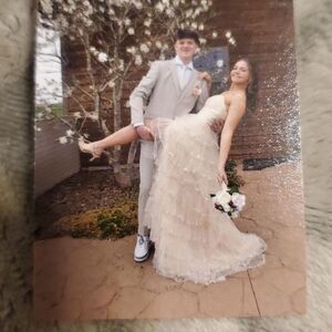 Elegant Strapless Cream A LINE Gown with RUFFLE Sequin Details